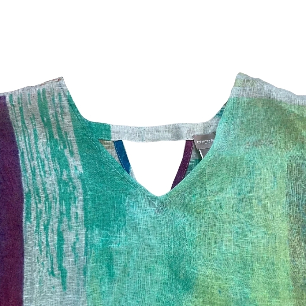 Chico's Linen V-Neck Top in Aqua, Teal, Coral & Purple Stripes - Picture 8 of 10
